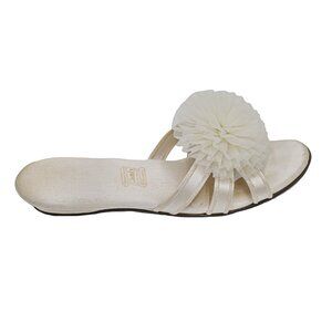 Vintage 50s White Satin Pom Pom House Slippers Retro Indoor Sexy Lingerie Shoes